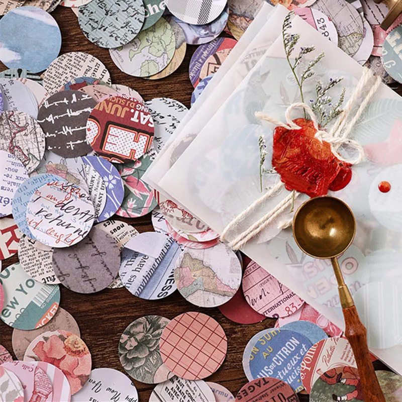100pcs/bag Vintage Round Stickers Adhesive Scrapbooking Paper Stickers Creative Letter Decor Girls Gifts School Supplies