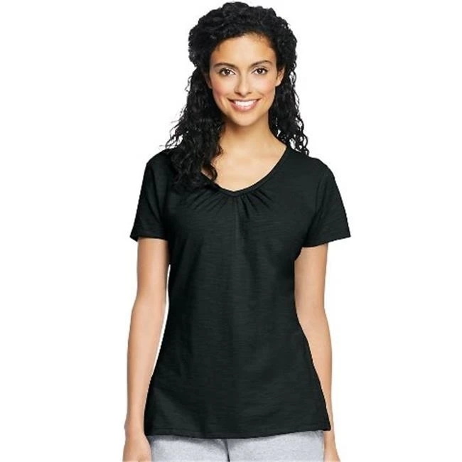 Hanes 9253 женские Slub Jersey Shirred футболки с v-образным вырезом черный-маленький |