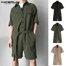 Mono masculino Cargo overoles de una pieza para hombre, mono de vaquero, monos de media manga con cinturón sólido, conjunto informal de cintura, pantalones cortos