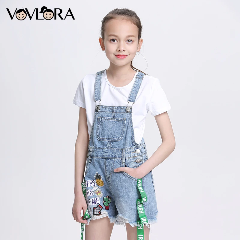 Summer Fashion Denim Girls Overalls Shorts Jeans Print Letter Loose Kids Jumpsuit Children Clothes 2018 Size 7 8 9 10 11 12 Year