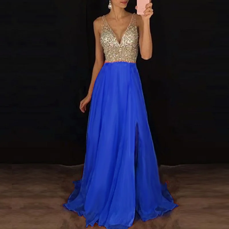 

2019 Women Dress Sequined Prom Ball Gown V Neck Formal Dress Evening Party Maxi Dress