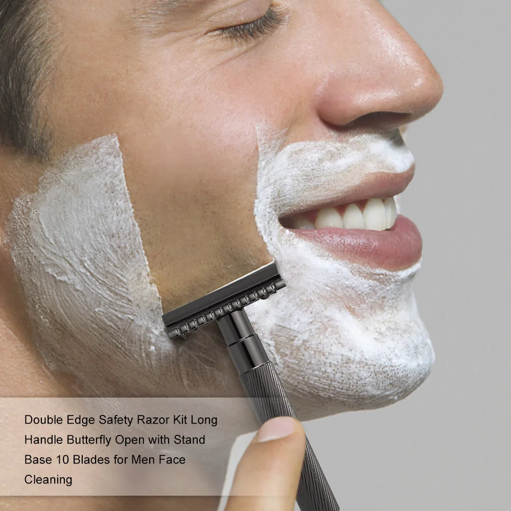 

Double Edge Safety Razor Kit Long Handle Open with Stand Base 10 Blades for Men Face Cleaning
