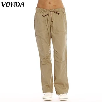 

VONDA Women Pants 2020 Autumn Spring Casual Loose Solid Flare Pants Plus Size Vintage BeltsTrousers Female Bottoms S-5XL