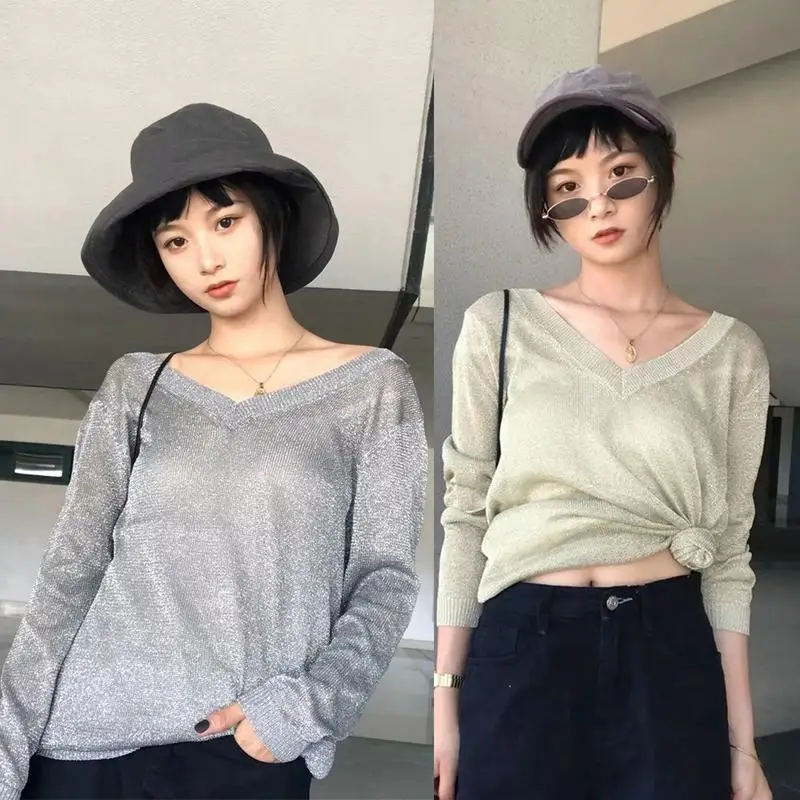 Loose Fitted Versatile Thin Section With Bright Silk Flash V - Neck Women Pullover Sweater | Женская одежда