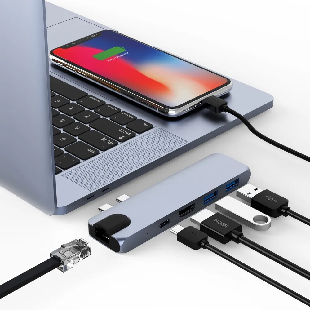 USB C концентратор TYPE C Thunderbolt 3 адаптер для HDMI 4K RJ45 Gigabit Ethernet с 1000 Мбит/с USB 3,0 USB-C порт зарядного устройства для Macbook Pro