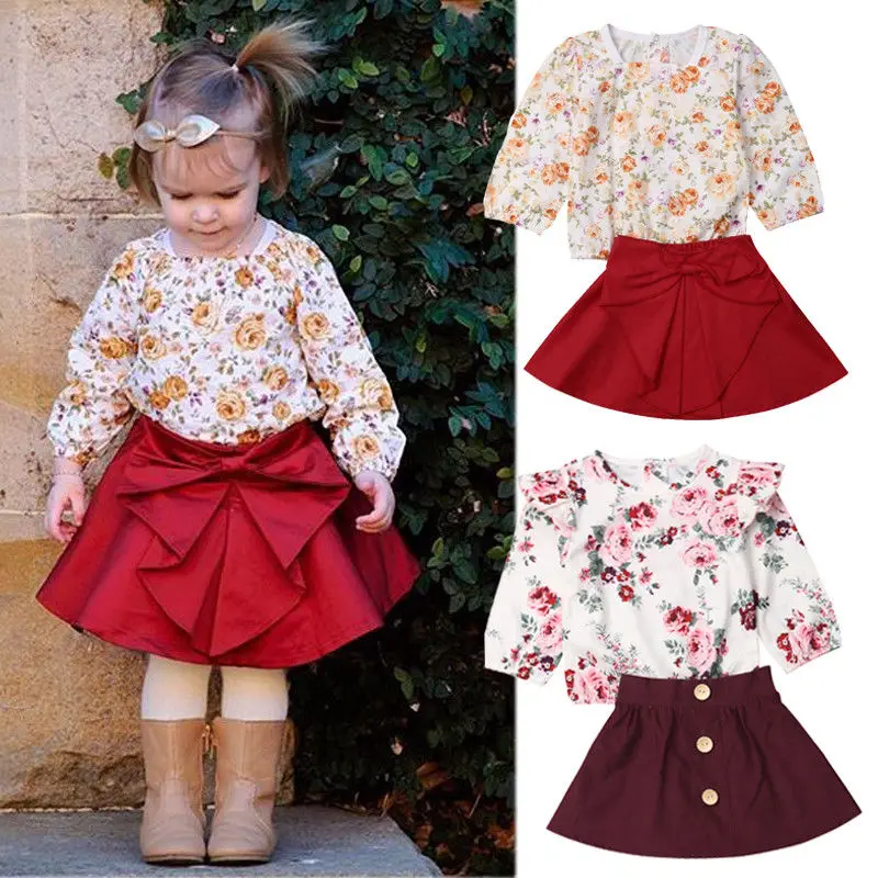 

0-5Y Toddler Kids Baby Girl Floral T-shirt Tops A-line Skirt 2PCS Outfits Princess Girls Pageant Party Clothes Set