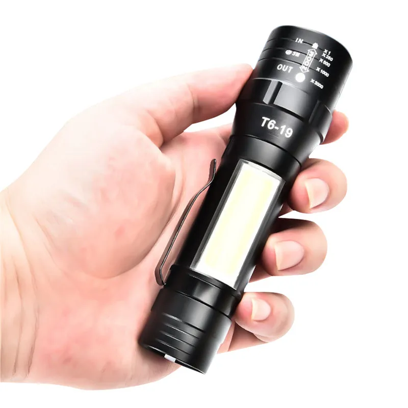 Мини T6 + COB 4 режима фонарик USB Перезаряжаемый масштабируемый передний боковой