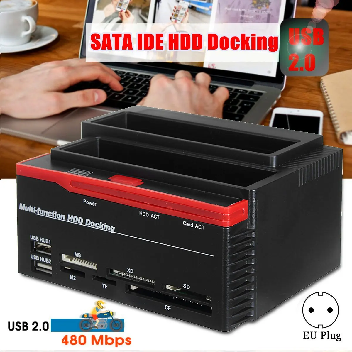 

2.5/3.5" SATA IDE HDD Docking Station Clone Backup Hard Drive Enclosure USB2.0 HUB Card Reader EU Plug