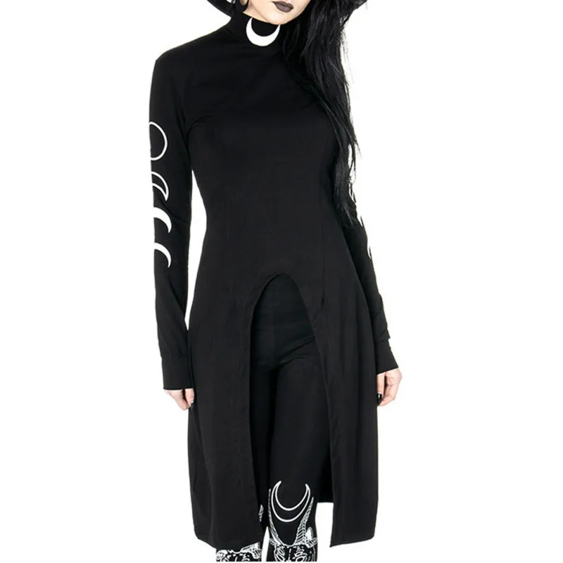 

Gothic Black Queen Long T-shirt Women Moon Eclipse Printing Turtleneck Side Split T Shirts Casual High Street Dark Tops Tee