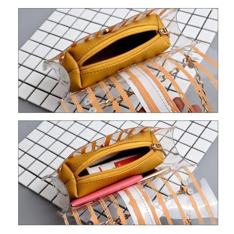 TTOU Women Fashion Messenger Bag Set 2pcs Transparent PVC Crossbody Bag Female Candy Color Jelly Chain Bag Beach Bag