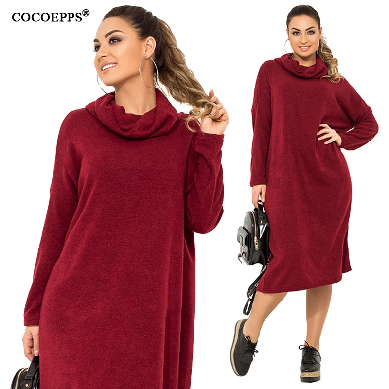 

Turtleneck Winter Warm Dress Plus Size Women Dress Loose Midi Casual Dress Long Sleeve Black Dress Big Size 5xl 6xl Robe Femme