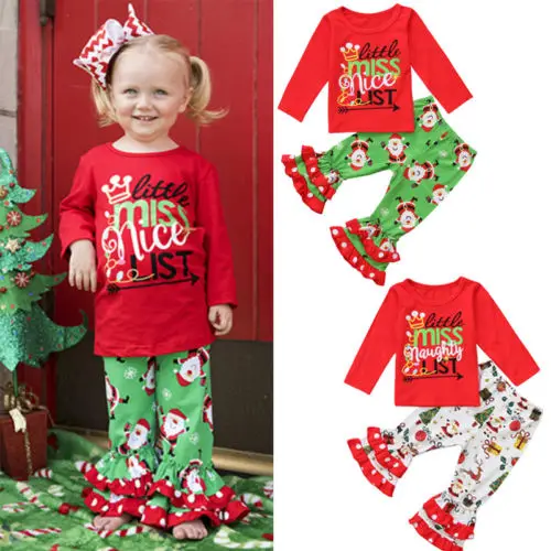 

Pretty Girl Christmas Baby Outfit Letter Print Long Sleeve Red Shirt+Long Flare Tutu Pants Santa Set Xmas Toddler Trendy Clothes
