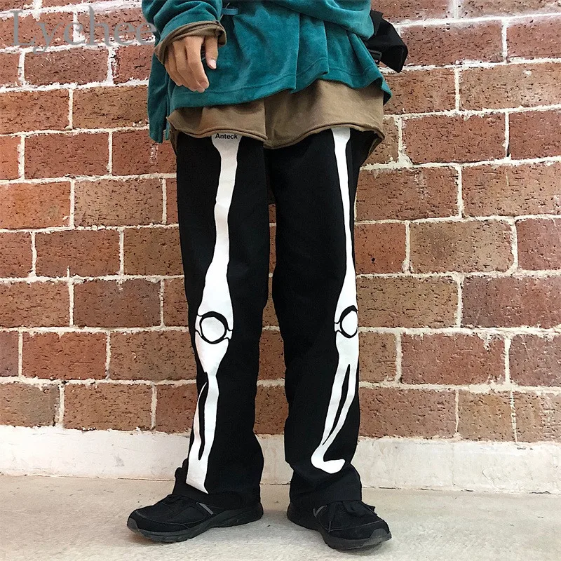 

Lychee Funny Bone Print Female Straight Cargo Pants Hit Color High Elastic Waist Loose 2019 Summer Spring Women Cargo Pants