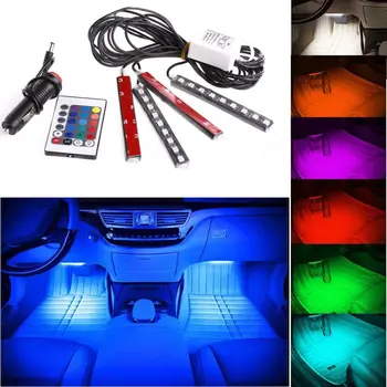 

AMADFJD 4pcs 9LED Remote Control Colorful RGB Car Interior Floor Atmosphere Light Strip With 24 Key Remote Controller