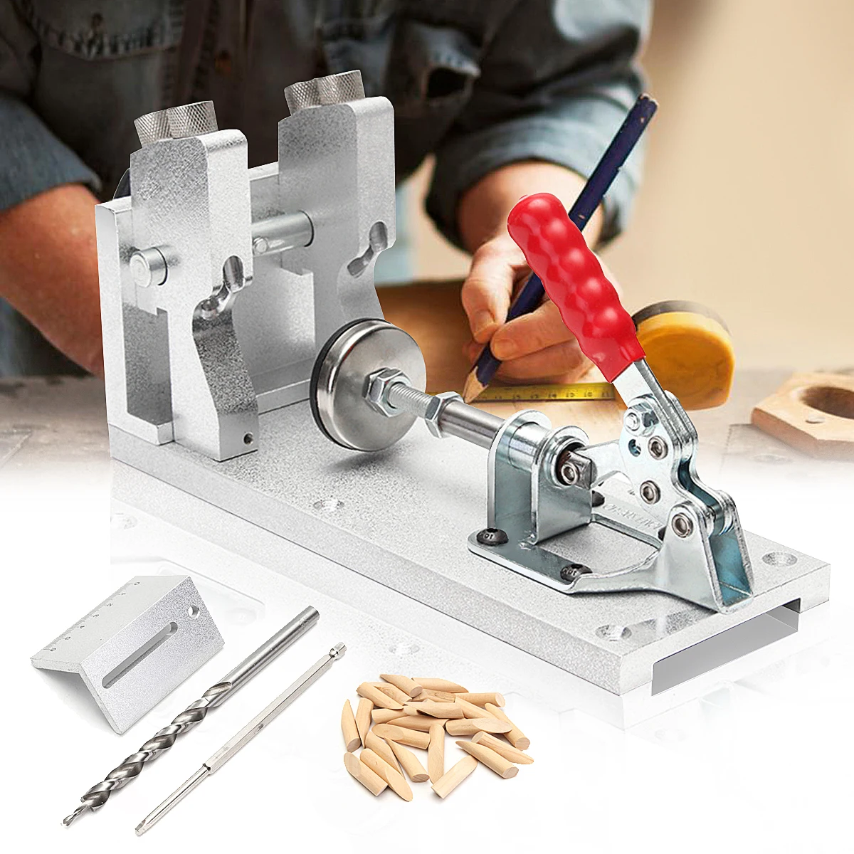 

4 Hole Drilling Bit WoodWorking Tool Drill System Slant Hole Jig Kit Pocke t With Stand Carbon Steel