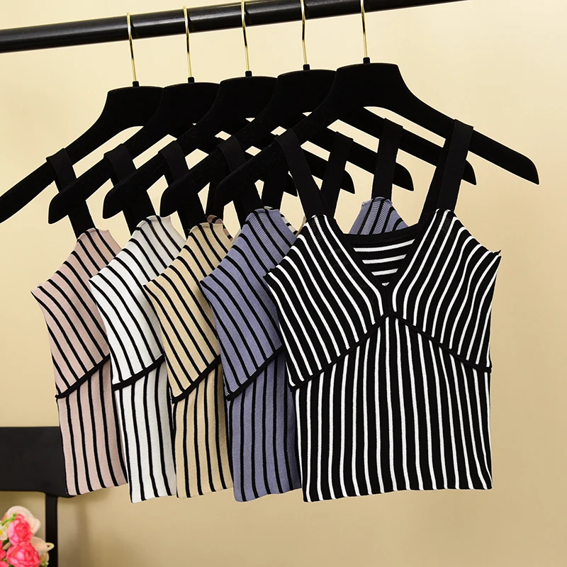 

Women Knitting Deep V-neck Patchwork Vertical Stripes Tank Tops Girls Knitted Camisole Sleeveless Short T-Shirts For Woman