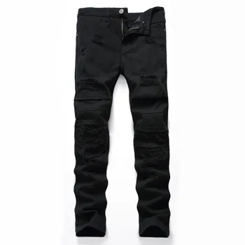 

Fashion Casual Jeans Pants Men Solid Black Denim Trousers Hole Straight Jeans Homme Plus Size