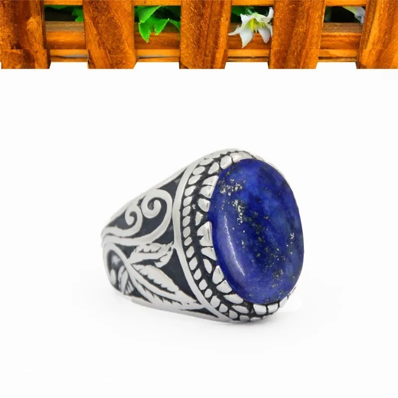 Oval Lapis Lazuli Stainless Steel Rings Natural Stone Leaf Plant Vintage Fashion Jewelry TR730