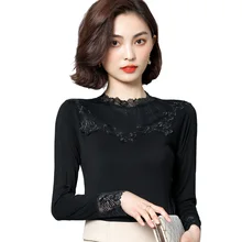 Women Black Lace Blouse Femme Tops Spring Autumn Elegant Stand Collar Long Sleeve Shirt Blusa Feminina chic black polo collar long sleeve blouse for women