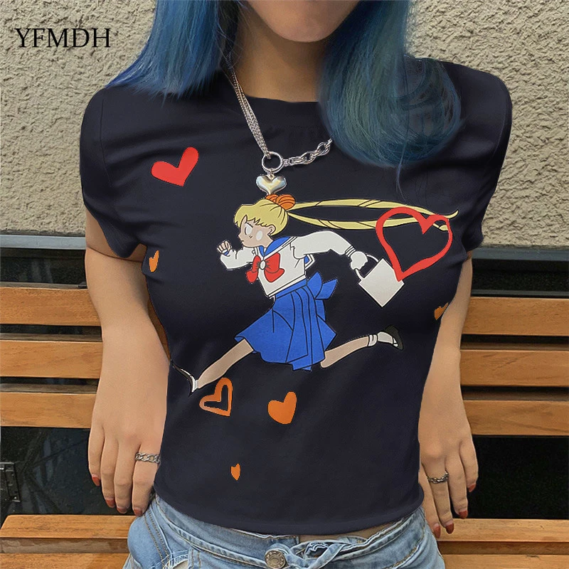 

Sailor Moon Cartoon Print O-Neck Tshirt Women Tops Kawaii T-shirts 2019 Summer Female Harajuku Short Sleeve Tee Shirt Clothes