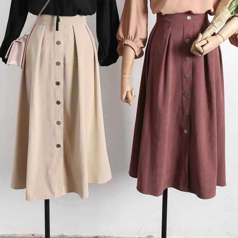

2019 Spring Summer Women's Single-breasted Midi Pleated Skirt Solid Color High Waist Suede A-Line Jupe Japanese School Clothes