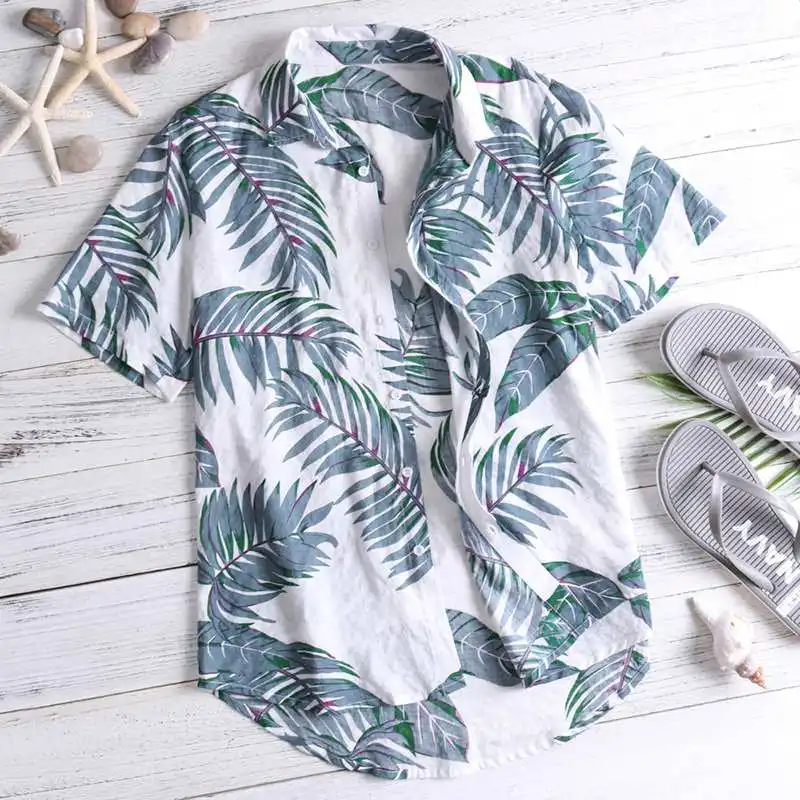 2019 summer Shirt Men Graffiti Print leaf Shirt Hawaiian CasualCotton Lapel Button Seaside Short Sleeve Tops