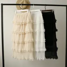 Пышная юбка с оборками сказочная Милая многослойная сетчатая юбка принцессы с высокой талией винтажная многослойная фатиновая гофрированные длинные юбки белого, черного, абрикосового цветов