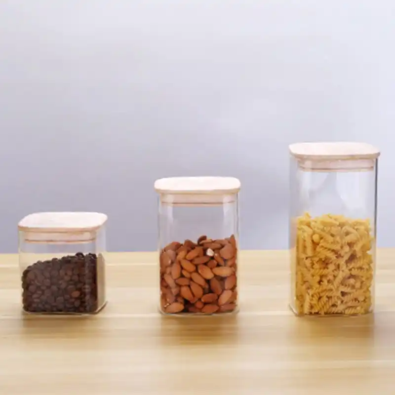 1500 ml quadrati bambuswald© Set di 3 barattoli in vetro borosilicato rinforzato con coperchio ermetico 100/% legno di bambù salva aroma