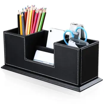 

1pc Pen Holders Leather 4 Compartment Office Supplies Container Desktop Organizer for Business Card Phone Pencil