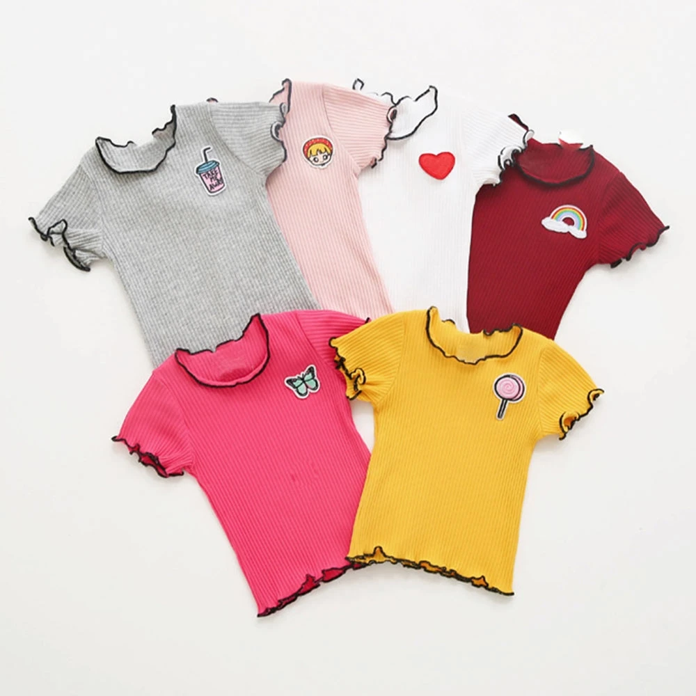 

Carton Baby Girl T-shirt Solid Pink White Yellow Top Short Sleeve Girl Shirt Cute Embroidery Pattern Wavy Edg Baby Girl T Shirt