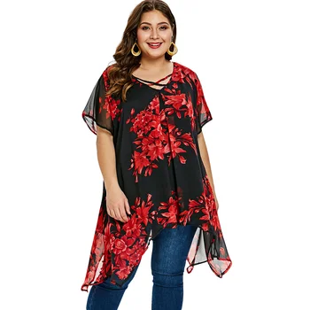 

2019 Womens Tops And Blouses Chiffon Long Tunic Cross Floral Print Short Sleeve Long Shirts Loose Casual Summer Women Blouse