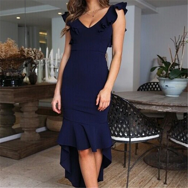

Summer Women Dress Ruffle V Neck Sleeveless Asymmetrical Mini Dress Bandage Women Evening Party Dresses Backless Ladies Dresses
