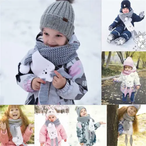 

Winter Toddler Knit Scarf Warm Baby Boys Girls Winter Warm Kids Ball Scarves Neck Warmer Rabbit Ears Knitted Wool Scarf 132cm