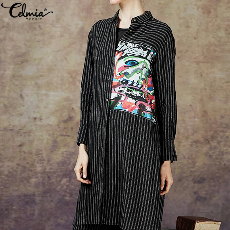 Celmia 2019 Spring Long Sleeve Striped Blouse Women Retro