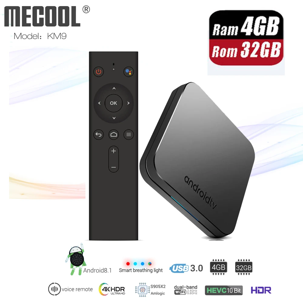 

Mecool Android 8.1 S905X2 4K HDR smart Voice Control 4G DDR4 32G TV Box USB 3.0 Dual-Band Wifi breathing light 3D Bluetooth 4.1