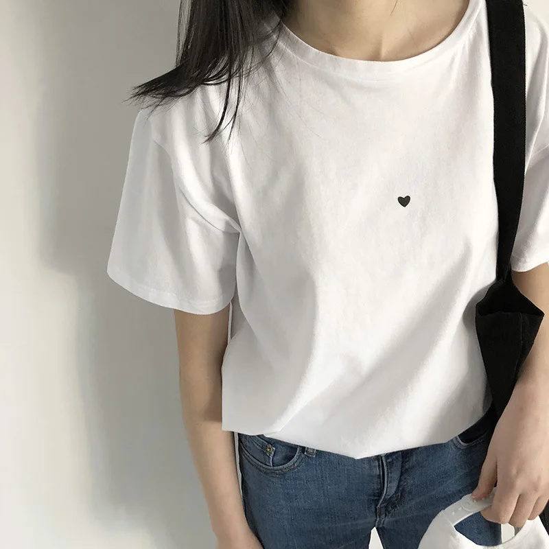 

2019 New European And American Style Mini Love Short-sleeved White Print T-shirt Female Loose Large Size Round Neck Pullover