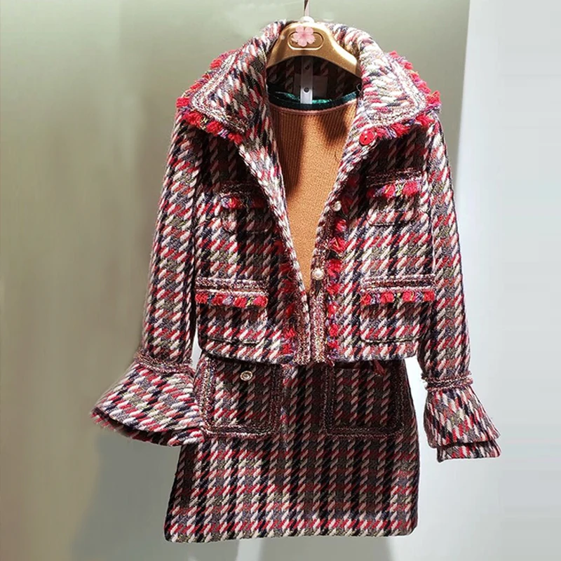 Зимняя винтажная Женская клетчатая твидовая юбка, комплект для подиума, дизайнерская, с расклешенными рукавами, однобортная куртка и мини-юбка, женская одежда