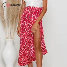 Conmoto Модная повседневная облегающая юбка с красным принтом, летние юбки с высокой талией, юбки с воланами, праздничные юбка для девочек, юбка миди с высокой талией, лето