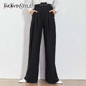 

TWOTWINSTYLE Casual Black Trousers For Women High Waist With Sashes Loose Wide Leg Pants Female 2020 Spring Fashion Clothes Tide
