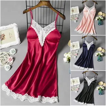 

New Women's Satin Silk Sleepwear Nightgowns Nightdress Sleeveless Lace Summer Nightwear Sleepshirts