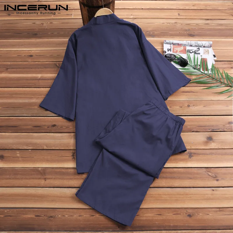 2Pcs/Set Fashion Kimono Pajamas Male Robe Gown Mens Lounge Bathrobe Sleepwear Mens Cotton Pajamas Suits Lightwear Loose Fit NEW