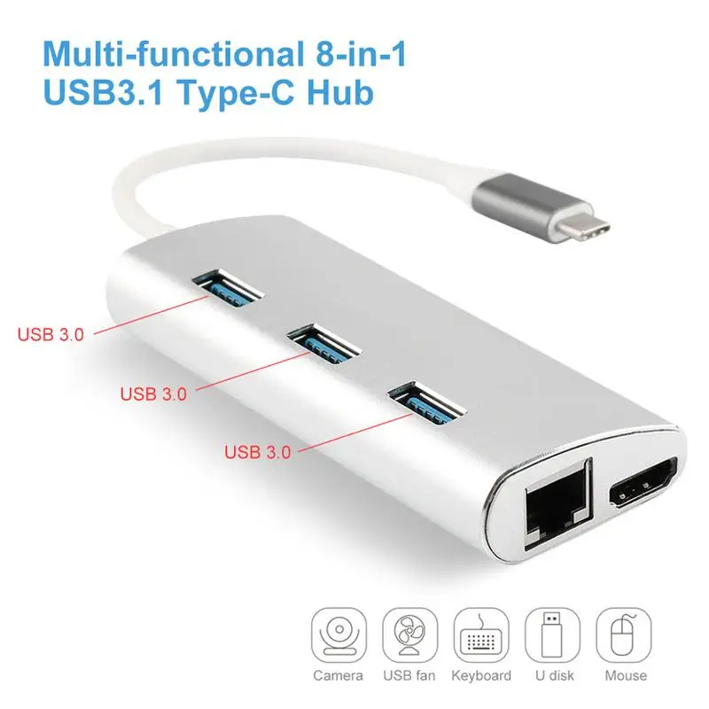 8in1 USB tipo C 3,1 HUB para tipo C a USB 3/3,0/4 K HDMI/RJ45 Ethernet /Micro SD TF lector de tarjeta/USB tipo C OTG HUB - 5
