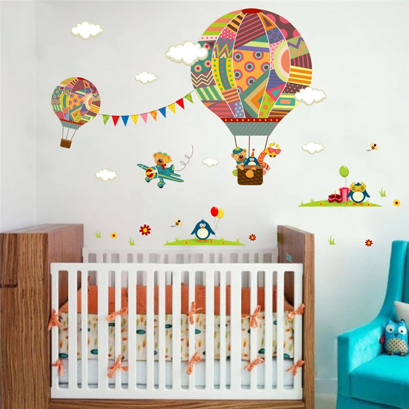 colorful hot air balloons bear giraffe nursery room wall sticker kid room decals