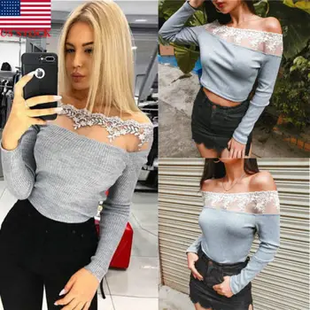 

US STOCK Ladies Sexy Elegant Lace Tops Long Sleeve Knit Tops Blouse Outfits New