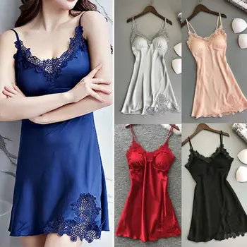 

2019 Newest Hot Women Satin Silk Lace Lingerie Night Dress Ladies Nightgown Sleepwear