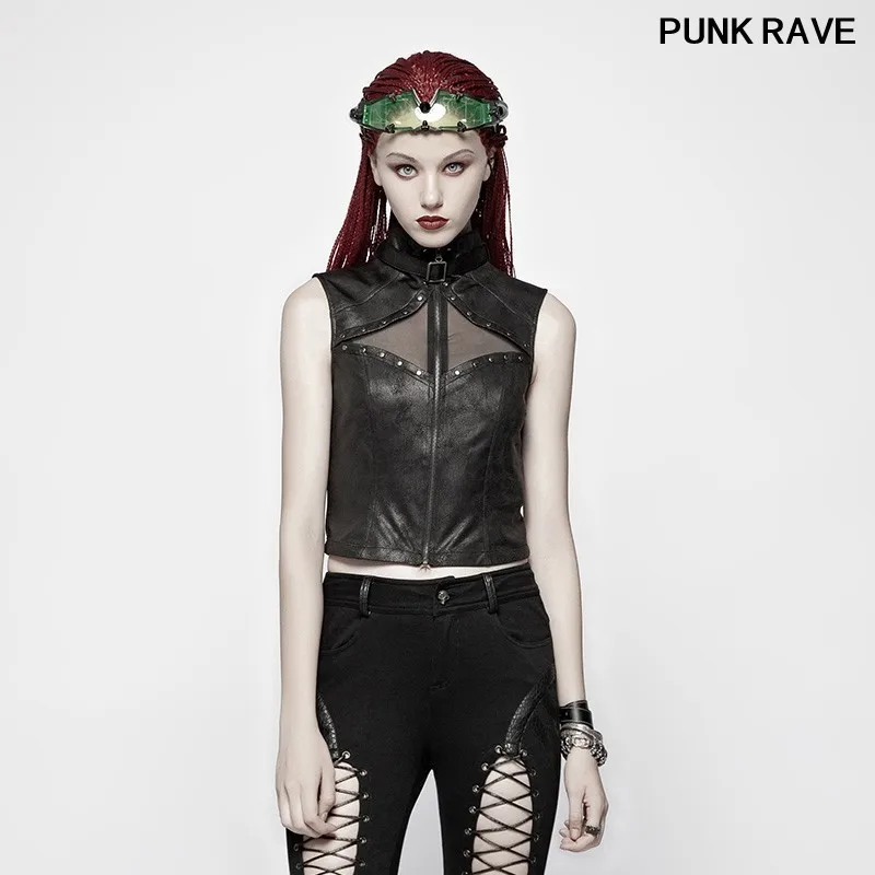 

Punk Zipper Rivets Decoration perspective Sexy Women Street Vest Tees Gothic Super Rock Pu Leather Short T-shirt PUNK RAVE Y-986