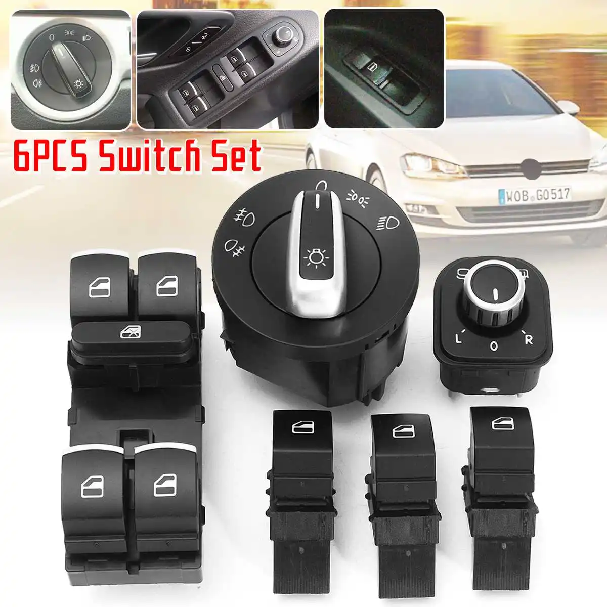 

6pcs Car Electric Power Master Window Control Mirror Headlight Switch 5ND959857 5ND959565B For VW Jetta Golf MK5 6