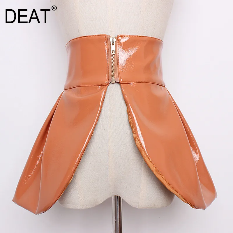 

[DEAT] 2019 New Autumn Winter Korean Concave Shaped Patent Leather Large Ruffled Hem High Waist Belt Women Fashion Tide OA82