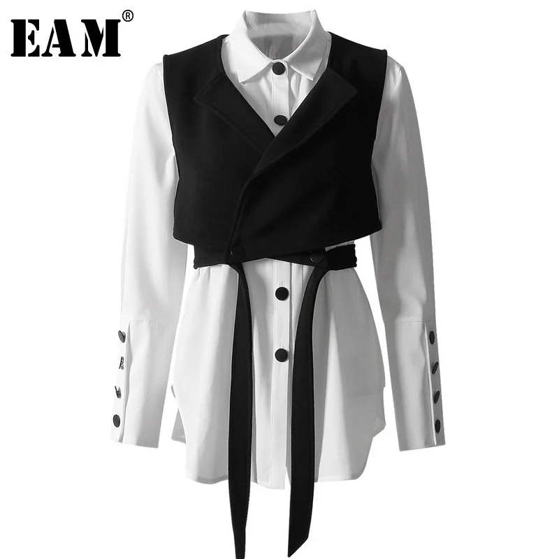 

[EAM] 2019 New Autumn Winter Lapel Long Sleeve Black Vest Stitch Ribbon Loose Two Piece Shirt Women Blouse Fashion Tide JO664