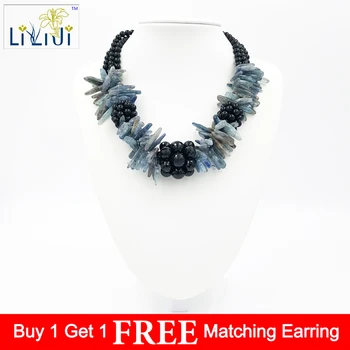 

Lii Ji Natural Stone Black Agate,Kyanite beads Handmade Necklace approx 48cm